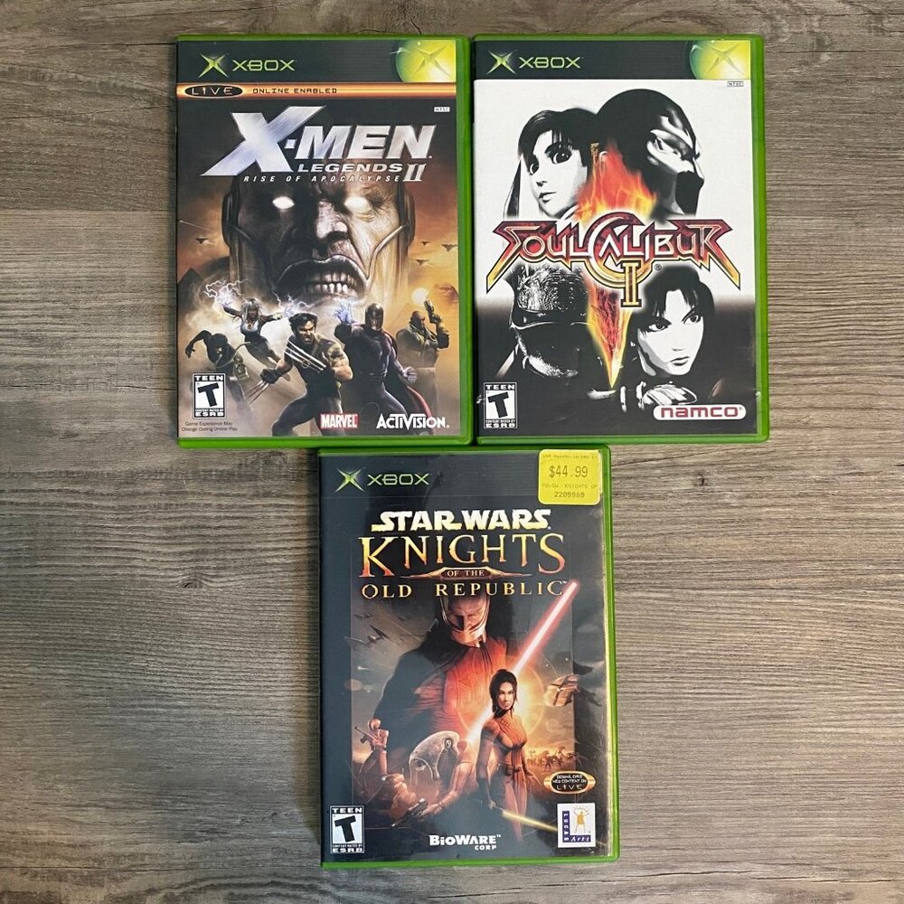 Lot of 3 Xbox Video Games - Soul Calibur II, X-Men Legends II, Star Wars Knights